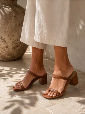 Saks Fifth Avenue Brown Croc-Embossed Block Heel Slide Sandals | Size 8